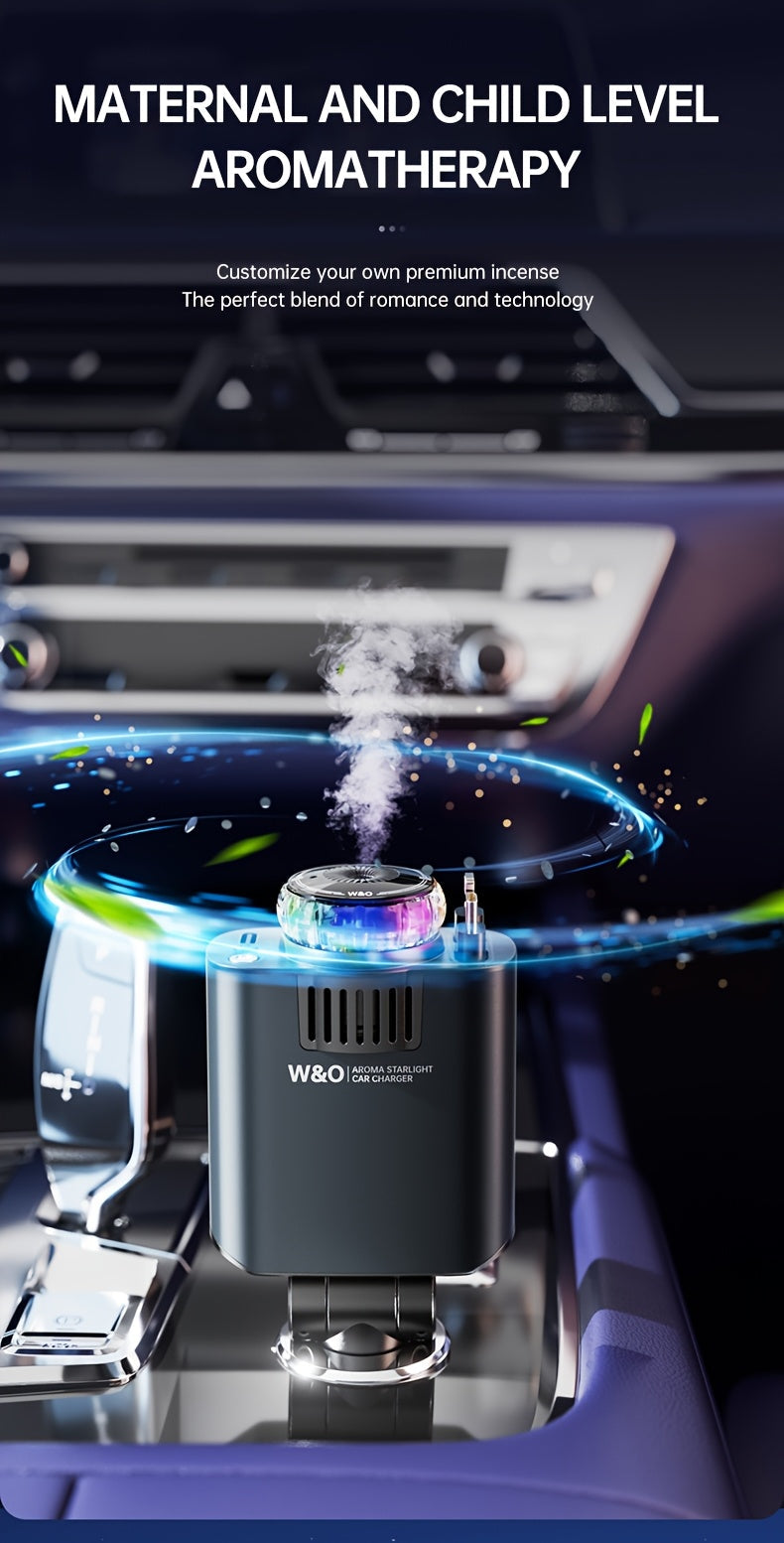 Chargeur de voiture rétractable 3-en-1 avec projecteur d'étoiles et aromathérapie – Câble USB-C à charge rapide de 80 cm pour iPhone 16 17 et Galaxy S25 S26, chargeur de téléphone pour voiture avec éclairage d'ambiance (parfum vendu séparément)