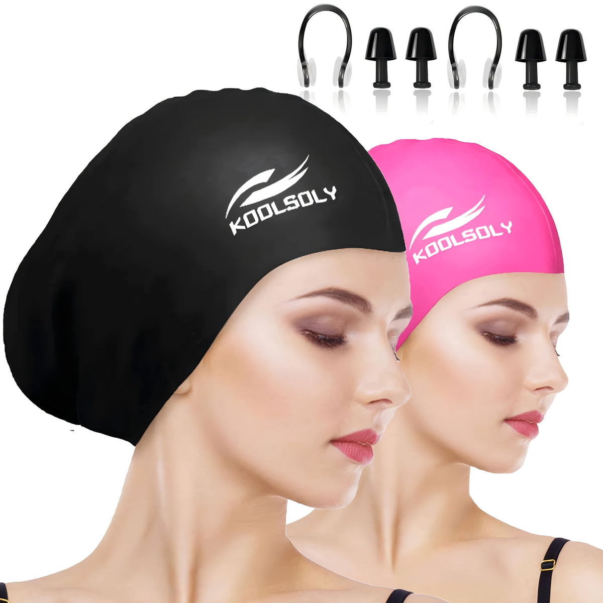 Lot de 2 bonnets de bain en silicone avec protection auditive pour cheveux longs – Inclut bouchons d'oreilles et pince-nez, ensemble de bonnet de bain étanche, 11 options de couleurs pour femmes, hommes et adultes