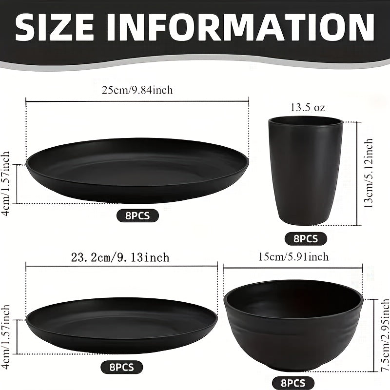 Black Wheat Straw Tableware Set β 16/32 Piece Unbreakable Eco-Friendly Plates Dessert Plates Bowls & Cups for 4-8 People, Outdoor Camping Party Wedding Halloween Kitchen Accessories