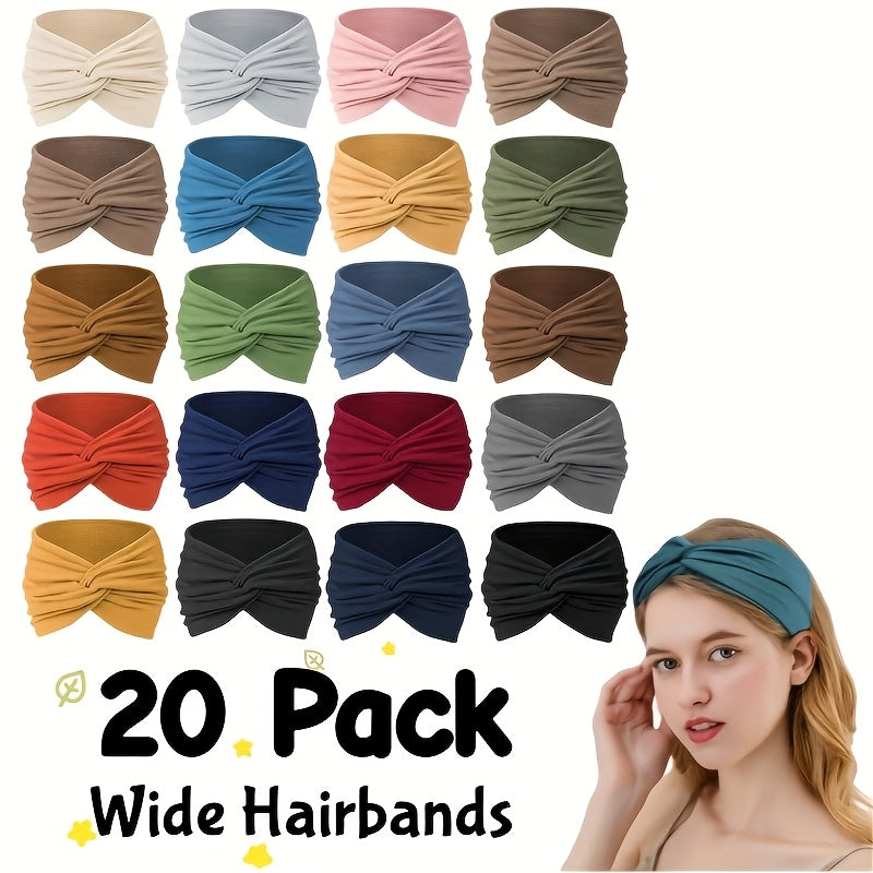 Lot de 20 bandeaux de sport larges pour femmes, élastiques et absorbants, style bohème, unis, tricotés, pour le yoga, la course, le cyclisme, le basket-ball, accessoires de cheveux pour tous les jours, coffret cadeau en gros