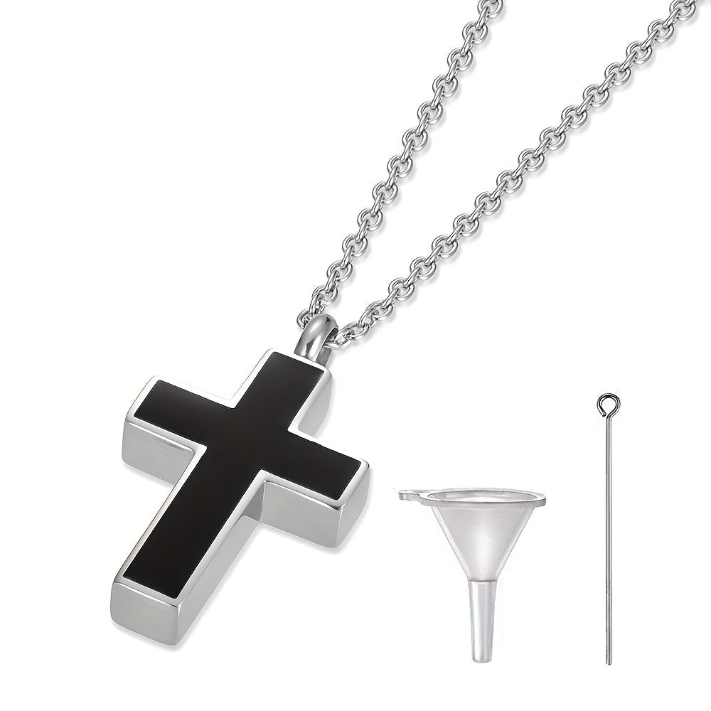 Collier urne funéraire en acier inoxydable pour cendres – Pendentif souvenir commémoratif pour animal, être humain et proches avec kit de remplissage, croix et bijou de condoléances pour le deuil