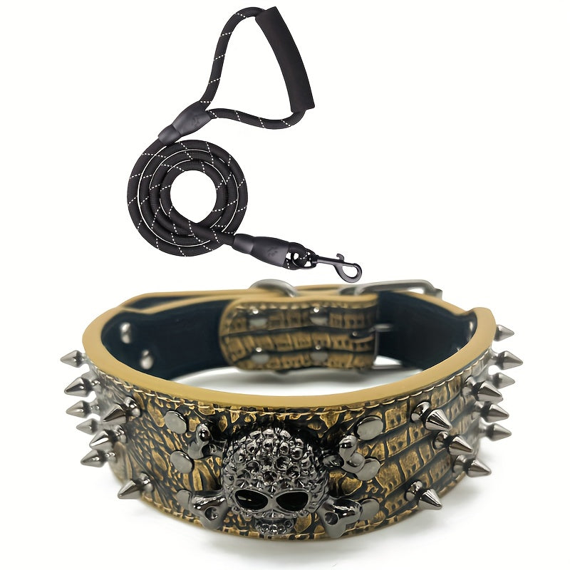 Ensemble collier et laisse pour chien à clous et rivets – Collier en cuir synthétique style punk rock pour dressage et promenade, ajustable et robuste avec boucle en métal pour petits, moyens et grands chiens