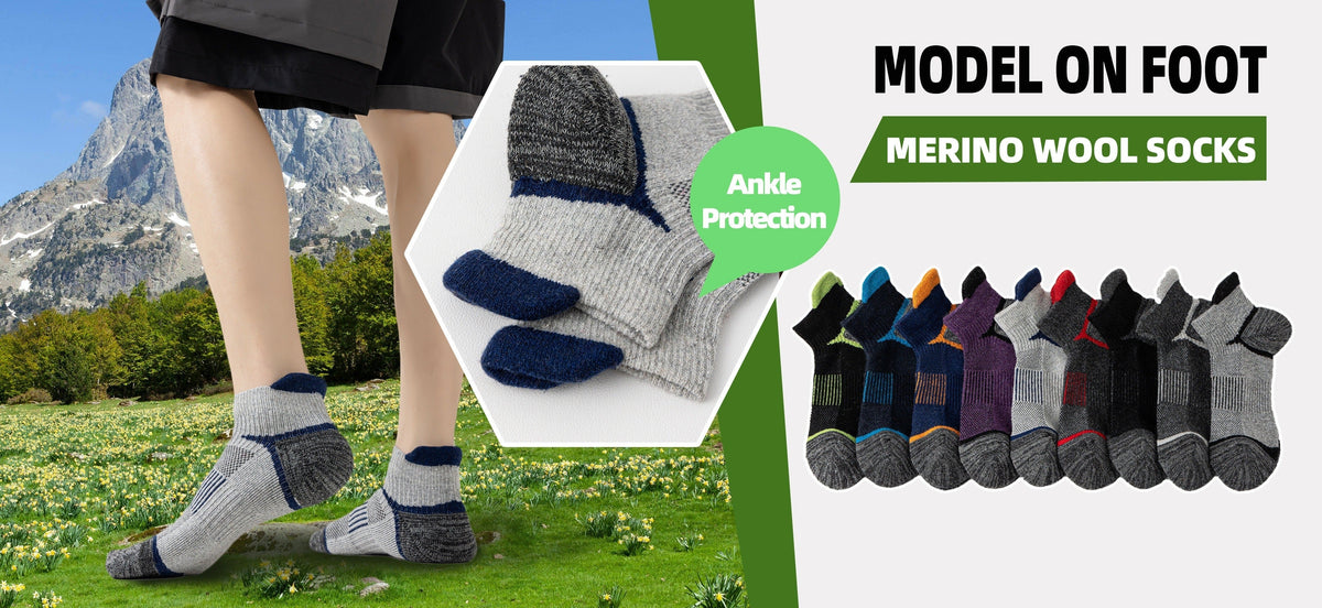 Lot de 6 paires de chaussettes de randonnée en laine mérinos pour hommes et femmes, chaussettes de course et de travail à cheville rembourrée avec soutien de compression, design invisible, respirant et absorbant l'humidité – Excellente idée cadeau