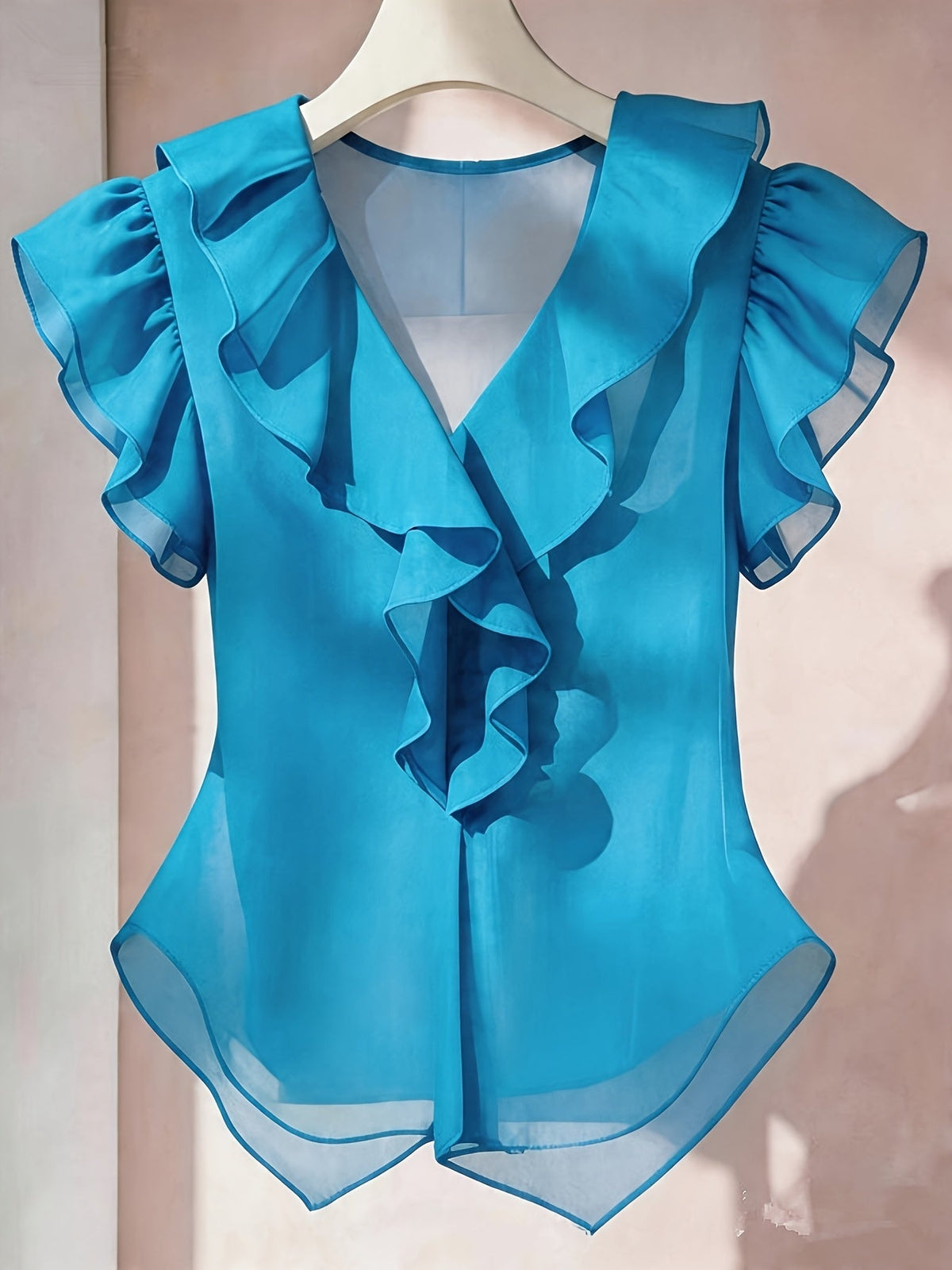 Haut femme en mousseline à manches courtes et volants – Chemisier d'été décontracté coupe évasée, couleur unie, disponible en 21 coloris, 100 % polyester tissé