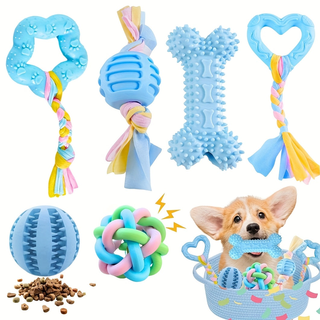 Jouets à mâcher souples en caoutchouc pour chien, lot de 6 – Jouets de dentition pour petits chiens, ensemble interactif de nettoyage des dents, 4 couleurs : violet, vert, bleu, rose