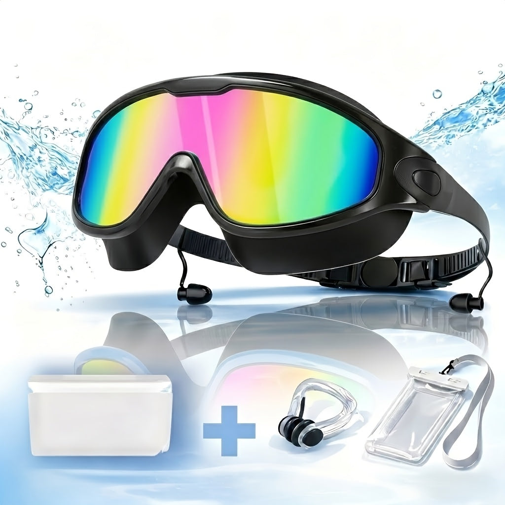 Lot de 2 lunettes de natation antibuée avec bouchons d'oreilles, pince-nez et sac étanche – Lunettes de natation avec protection UV pour hommes, femmes et adolescents, kit d'accessoires pour piscine extérieure et sports nautiques