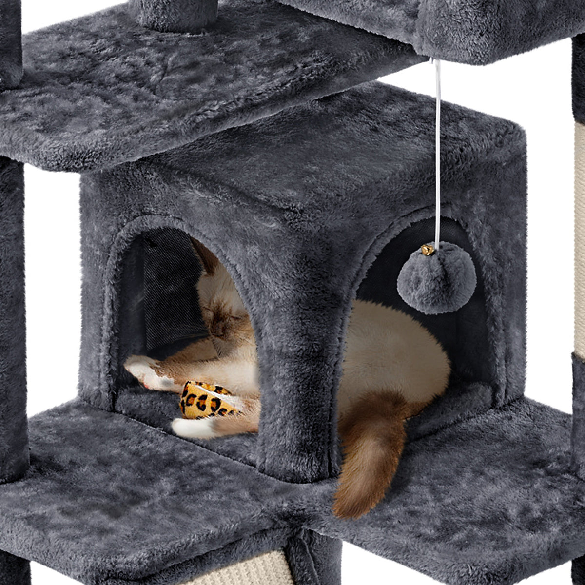 Arbre à chat multiniveaux de 145 cm avec 2 niches – poteaux à griffer en sisal, balle suspendue, plateforme ronde et échelle pour chatons et petits chats d'intérieur, 6 couleurs, cadeau de Noël pour les amoureux des chats