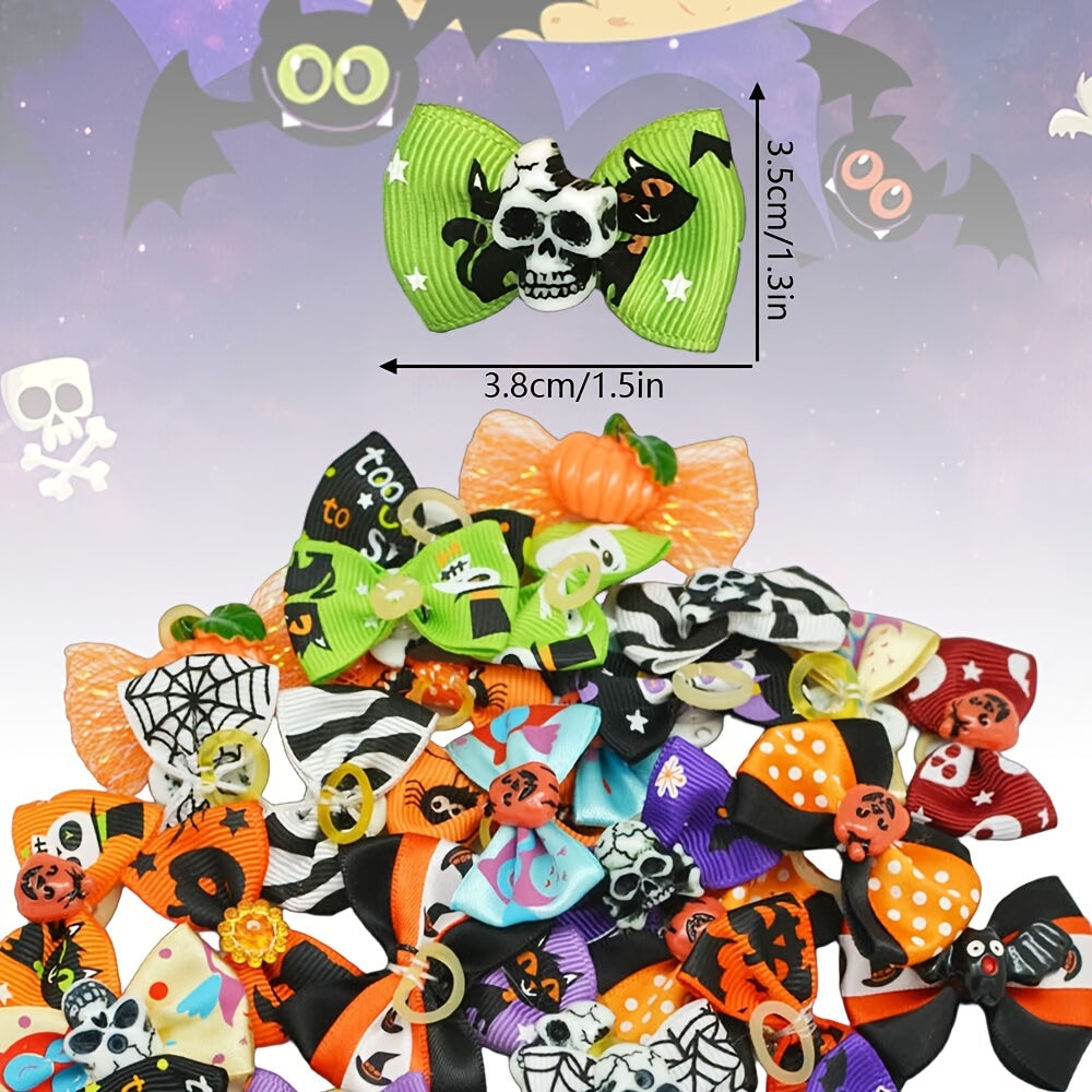 Lot de 20 nœuds pour poils de chien Halloween avec élastiques – Rubans de toilettage pour chiots et Yorkies de 40 mm, motifs et couleurs variés – Accessoires de toilettage festifs pour petits chiens et chats