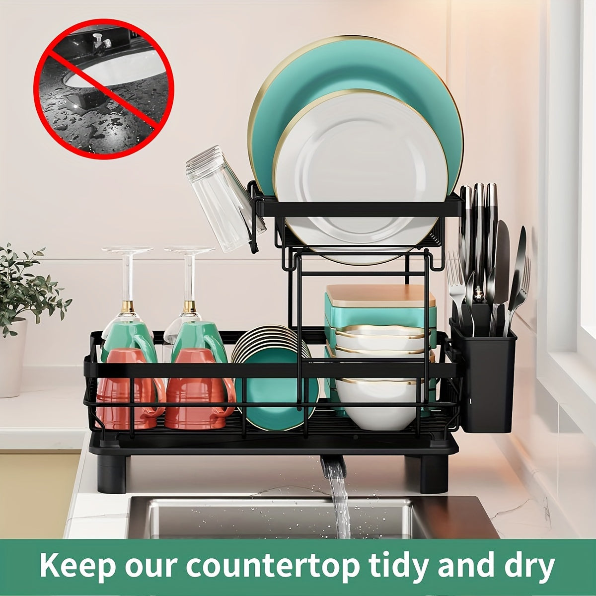 Égouttoir à vaisselle à 2 niveaux avec plateau d'égouttage et porte-ustensiles amovible – Égouttoir grande capacité pour comptoir de cuisine, égouttoir pour vaisselle, ustensiles de cuisine et couverts – Design peu encombrant