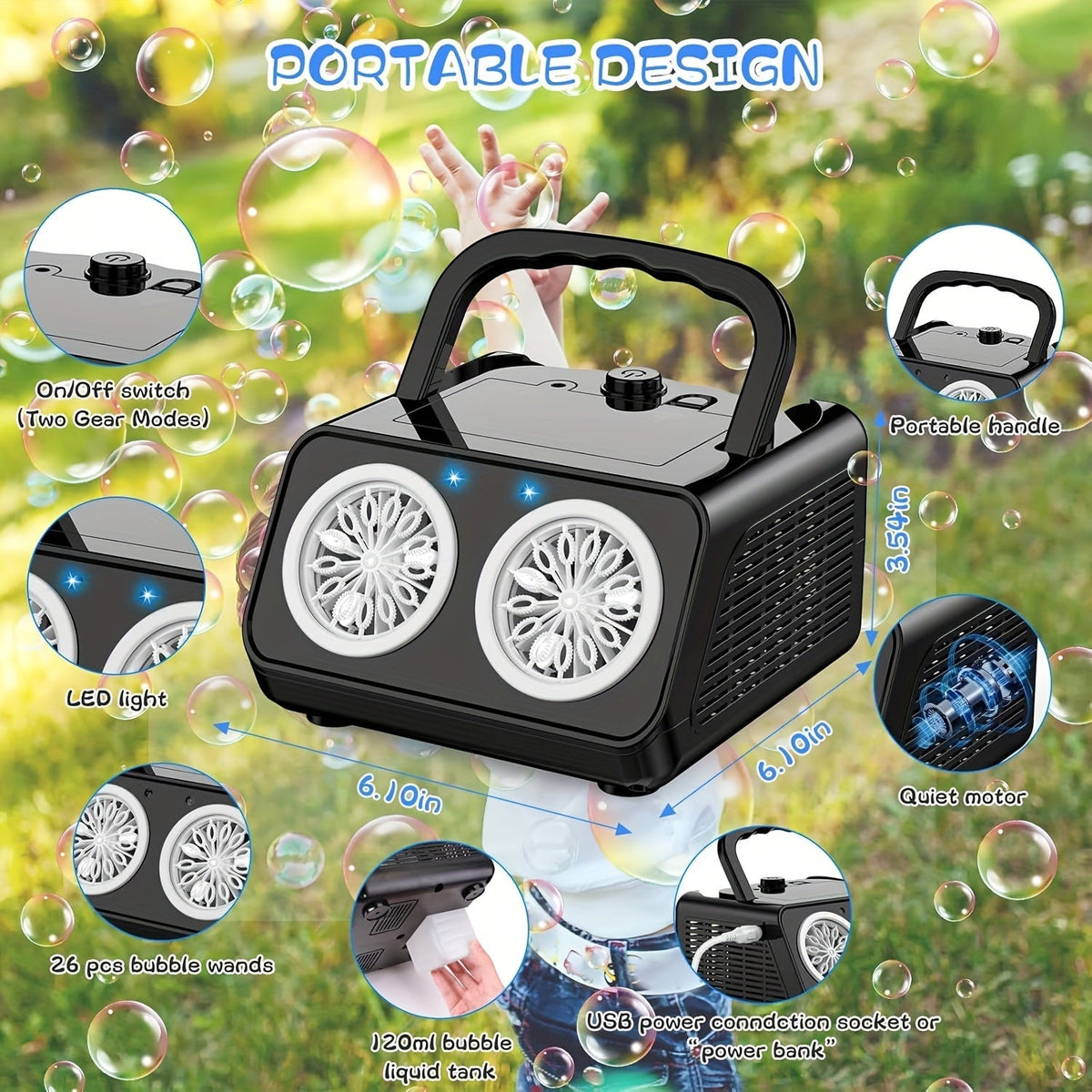 Machine à bulles automatique améliorée, conception épaissie à 2 ventilateurs, plus de 20 000 bulles par minute, sur secteur ou sur piles, souffleur de bulles portable pour intérieur et extérieur pour fêtes d'anniversaire, mariages, enfants, blanc noir
