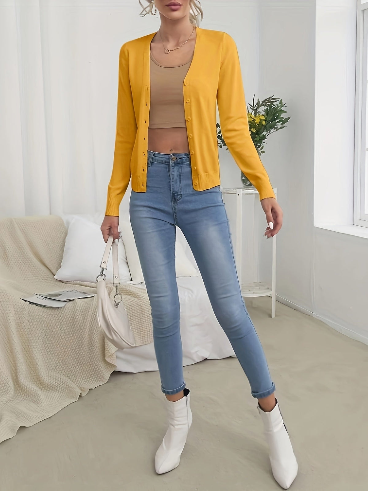 Women's Elegant V-Neck Button Knit Cardigan – High-End Solid Color Medium Stretch Jersey Sweater Office Casual Outerwear Fall Winter Layering Top