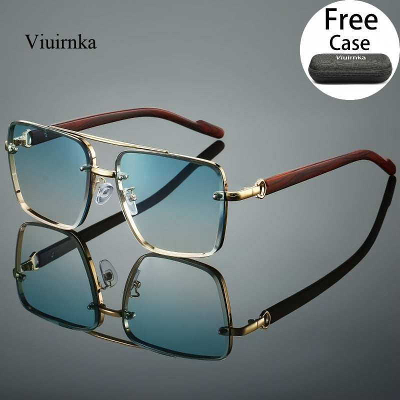 Lunettes de soleil carrées UV400 avec étui pour hommes et femmes – Monture rétro à double pont effet bois, lunettes unisexes style polarisé pour la conduite, les voyages, la plage et le style urbain, 7 couleurs