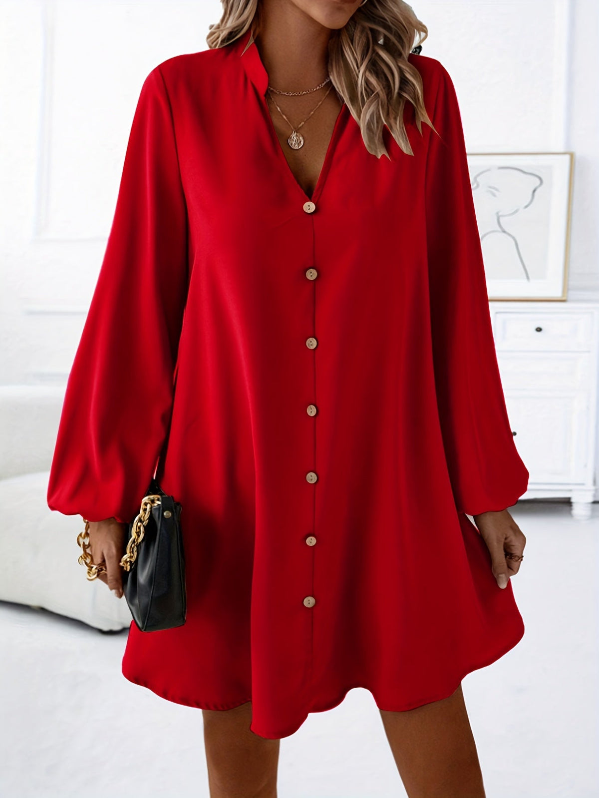 Robe midi évasée à col en V et manches longues pour femme, élégante, unie et boutonnée, idéale pour le printemps, l'été, les fêtes ou le quotidien