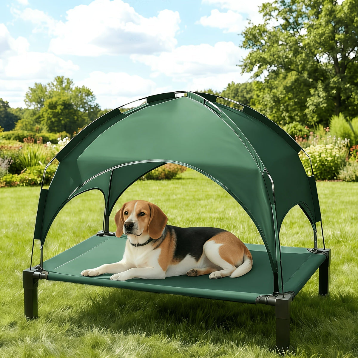 Elevated Dog Bed with Removable Canopy Shade Tent β Portable Raised Outdoor Cooling Pet Cot for Dogs & Cats, Breathable Mesh, Lightweight Foldable Design for Camping, Yard & Patio