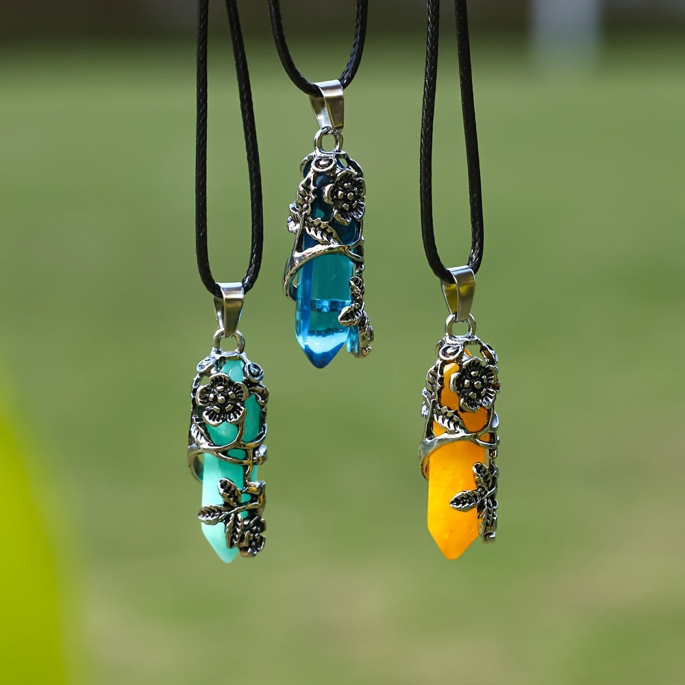 Kit de bricolage pour collier avec pendentif prisme hexagonal en pierre naturelle (20 pièces) : 10 pendentifs à motif floral et 10 cordons en similicuir, bijoux faits main style bohème, accessoires décontractés, idée cadeau