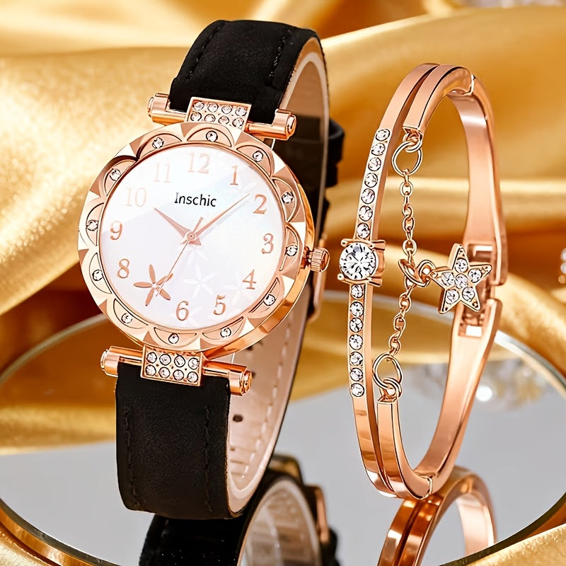 Coffret montre cœur orné de strass pour femme – 2 montres à quartz avec bracelet en similicuir, ensemble de montres-bracelets or rose et rose, idée cadeau pour la Saint-Valentin, les anniversaires et les fêtes