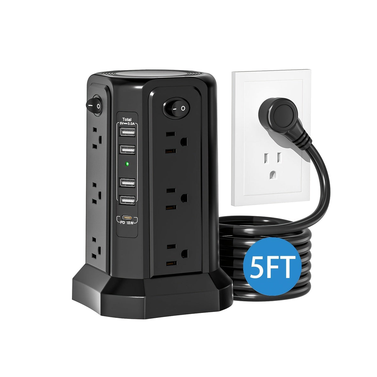 Tour multiprise, 16 prises CA, 5 ports USB, USB-C PD 20W, parafoudre 1500J, prise plate, rallonge de bureau