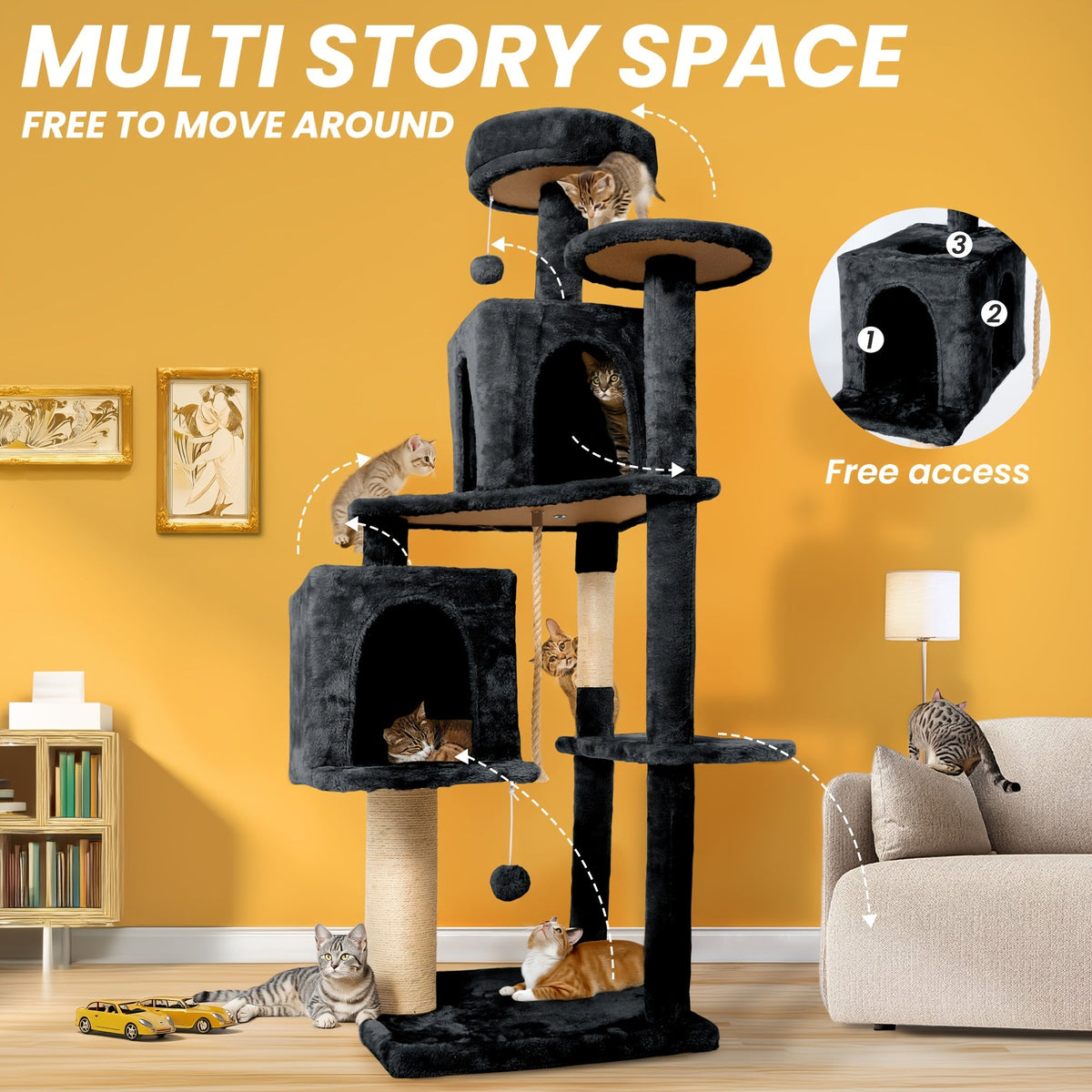 Arbre à chat multi-niveaux de 150 cm pour chats d'intérieur – Grand arbre à chat avec zone de repos en peluche, poteau à griffer en sisal et jouet à balle suspendue – Idéal pour chambre, salon et foyers multi-chats – Velora