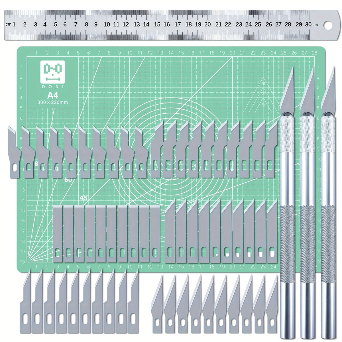 Kit de découpe de précision Exacto de 65 pièces avec tapis de découpe A4 – Ensemble de couteaux de précision avec lames et règles de découpe pour modélisme papier, loisirs créatifs, scrapbooking, art et carterie