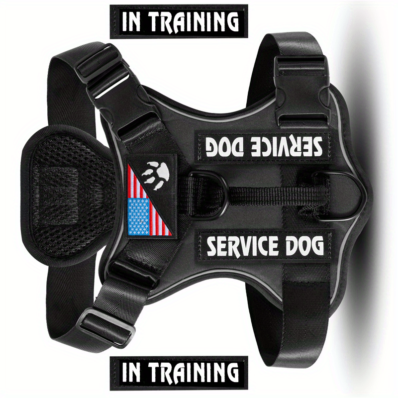 Harnais anti-traction pour chien avec gilet réfléchissant et 5 écussons – Harnais de service réglable en maille Oxford souple, avec attaches avant et arrière pour chiens de petite, moyenne et grande taille, de XS à XL