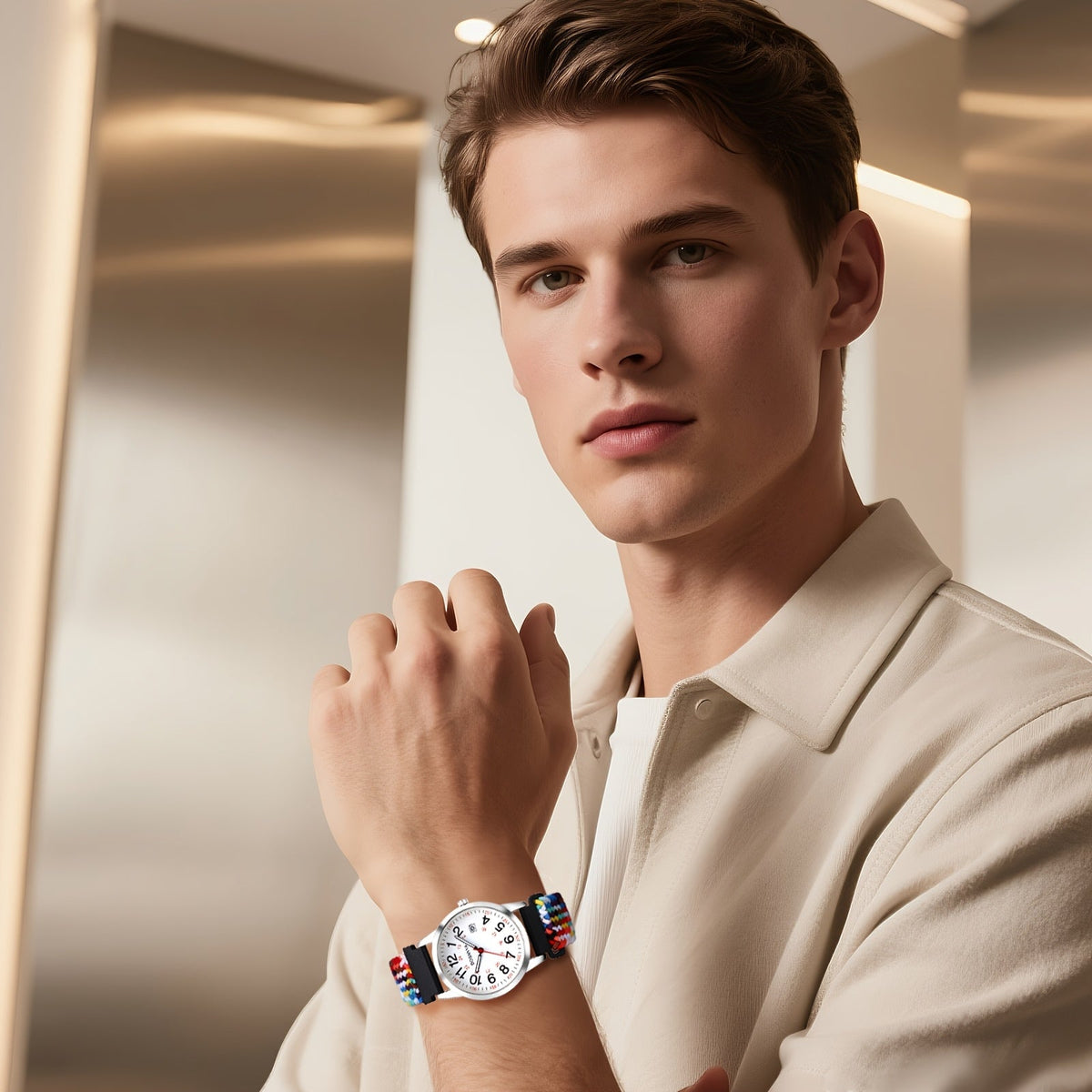 Montre de sport à quartz analogique avec grand cadran à calendrier et bracelet en nylon tressé – Montre-bracelet ronde à lecture facile avec cadran 24 heures pour hommes et femmes, bracelet élastique réglable et souple, 4 styles