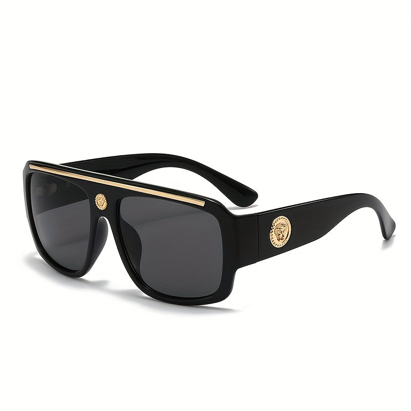 Lunettes de soleil carrées oversize style cyberpunk pour hommes – Monture extra large 139 mm et plus, bordure en métal noir et doré, verres décoratifs, lunettes de mode urbaine futuriste et cosplay
