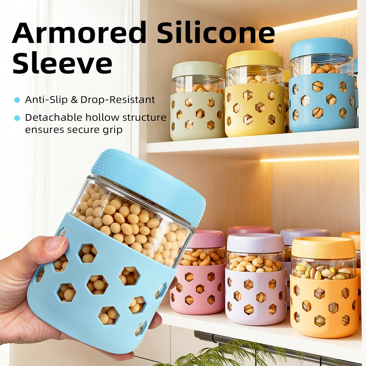 Lot de 6 bocaux en verre hermétiques de 475 ml avec gaines en silicone – Récipients de stockage alimentaire résistants à l'humidité pour thé, céréales, noix, snacks, épices et yaourts | Sans BPA