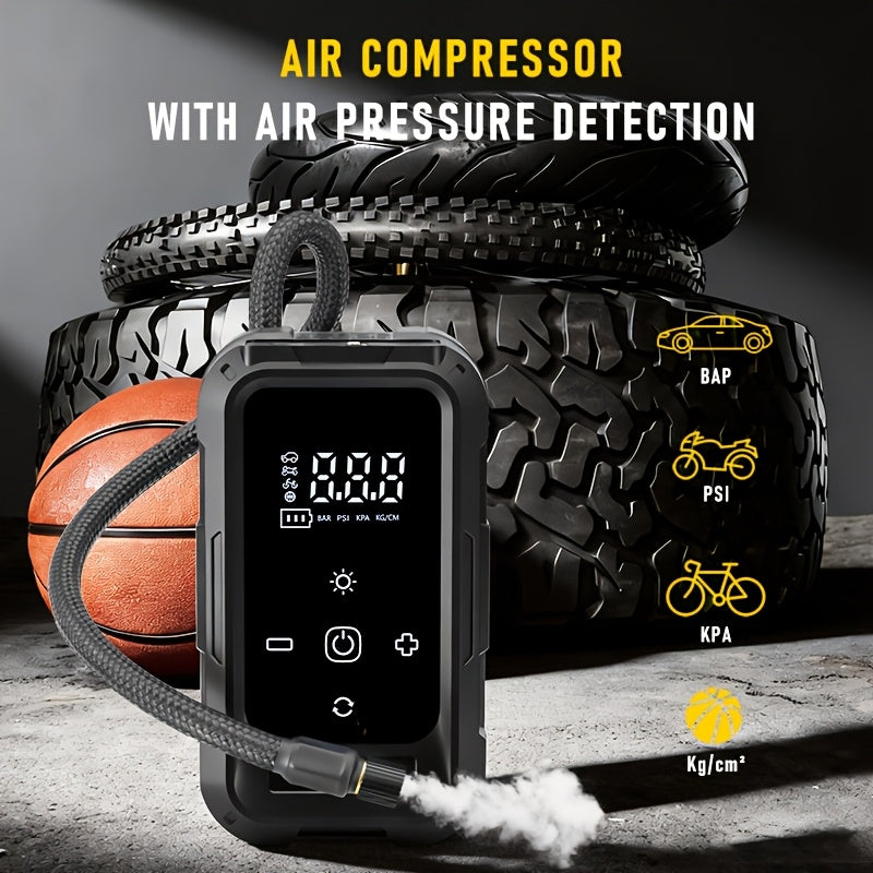 Gonfleur de pneus portable sans fil – Compresseur d'air intelligent sans fil avec manomètre numérique et lampe LED pour voitures, motos, vélos et ballons, recharge rapide Type-C