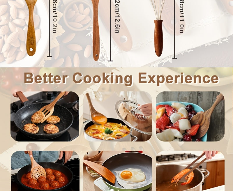 Ensemble d'ustensiles de cuisine en bois 3/5/7 pièces, cuillères, spatules, spurtle, louche et spatule à wok en bois naturel avec poignées ergonomiques, outils de cuisine robustes, résistants à la chaleur et sans danger pour les revêtements antiadhésifs