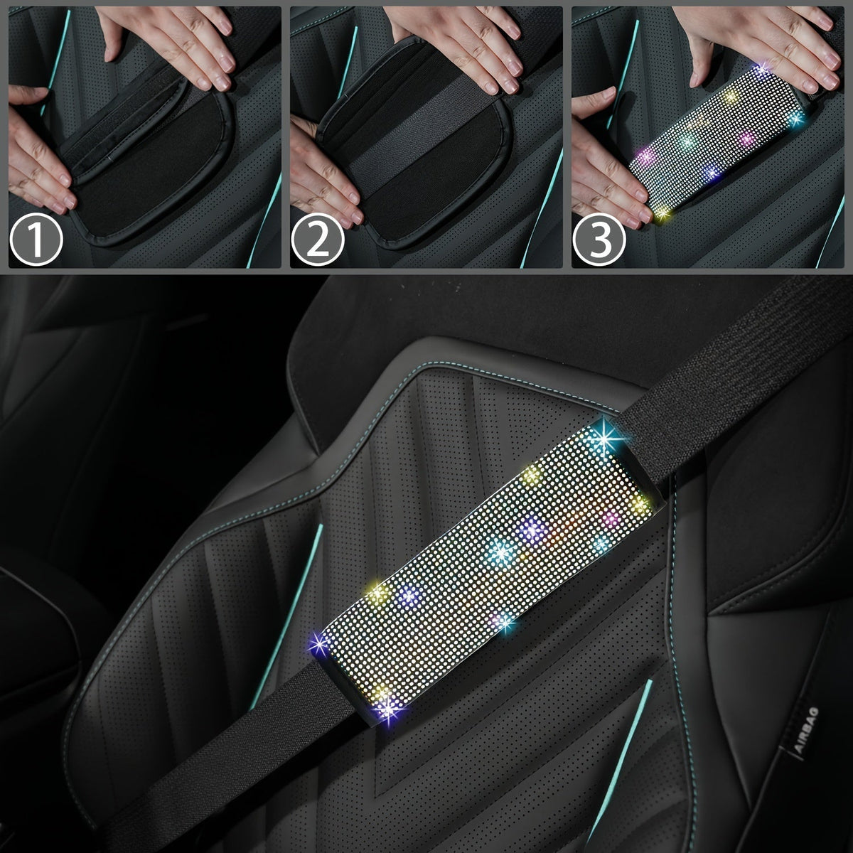Ensemble d'accessoires de voiture 8 pièces en strass pour femme – Housse de volant, sous-verres, coussinets de ceinture de sécurité, anneaux de démarrage et housse de pommeau de levier de vitesse, 7 couleurs, kit intérieur à paillettes scintillantes