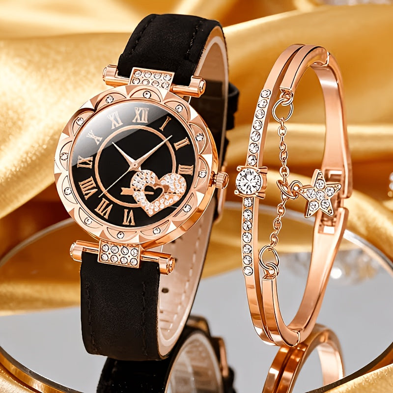Coffret montre cœur orné de strass pour femme – 2 montres à quartz avec bracelet en similicuir, ensemble de montres-bracelets or rose et rose, idée cadeau pour la Saint-Valentin, les anniversaires et les fêtes