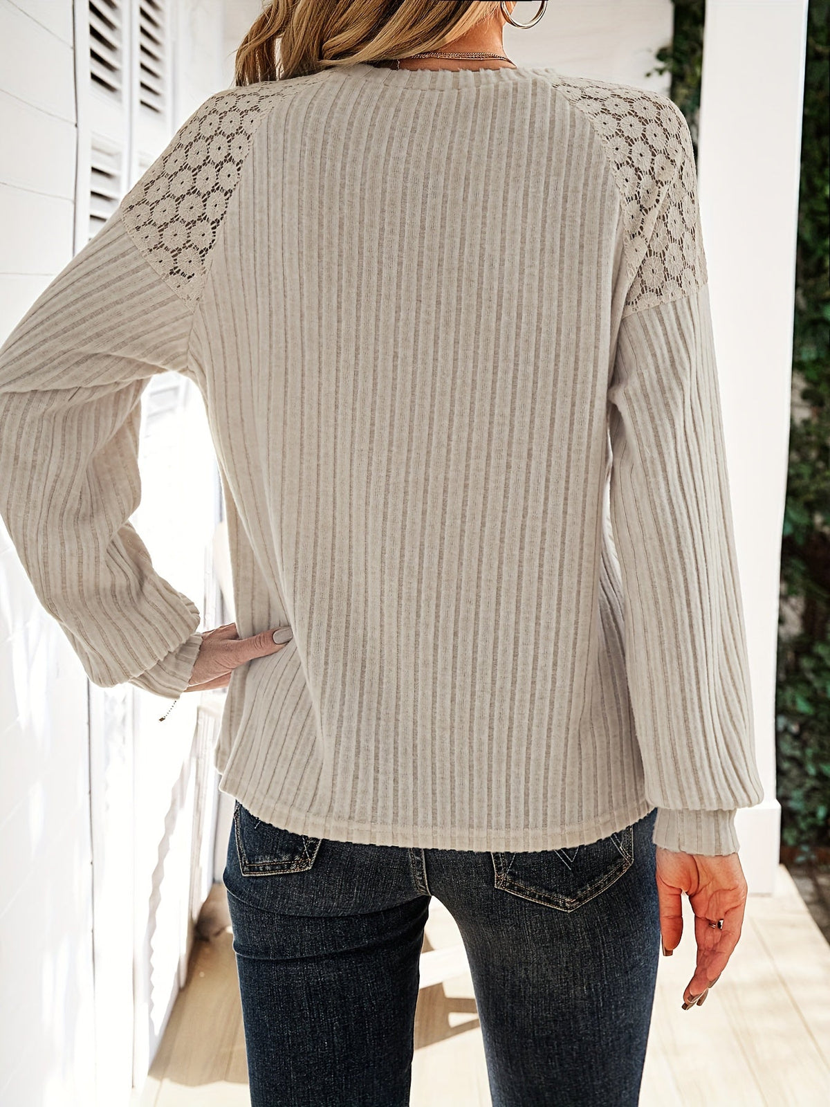 Haut décontracté à manches raglan en dentelle contrastée pour femme, chemisier en polyester stretch doux avec boutons, S M L XL XXL | Mode printemps-automne abricot