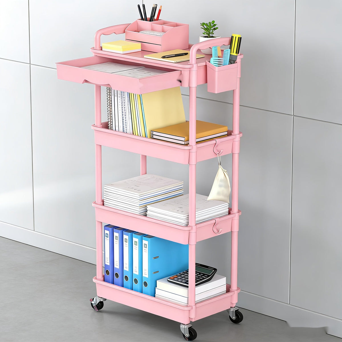 Desserte de rangement à roulettes 3 et 4 niveaux avec tiroir et roues verrouillables – Étagère de rangement multifonctionnelle en plastique pour cuisine, salle de bain, salon, bureau – 7 couleurs