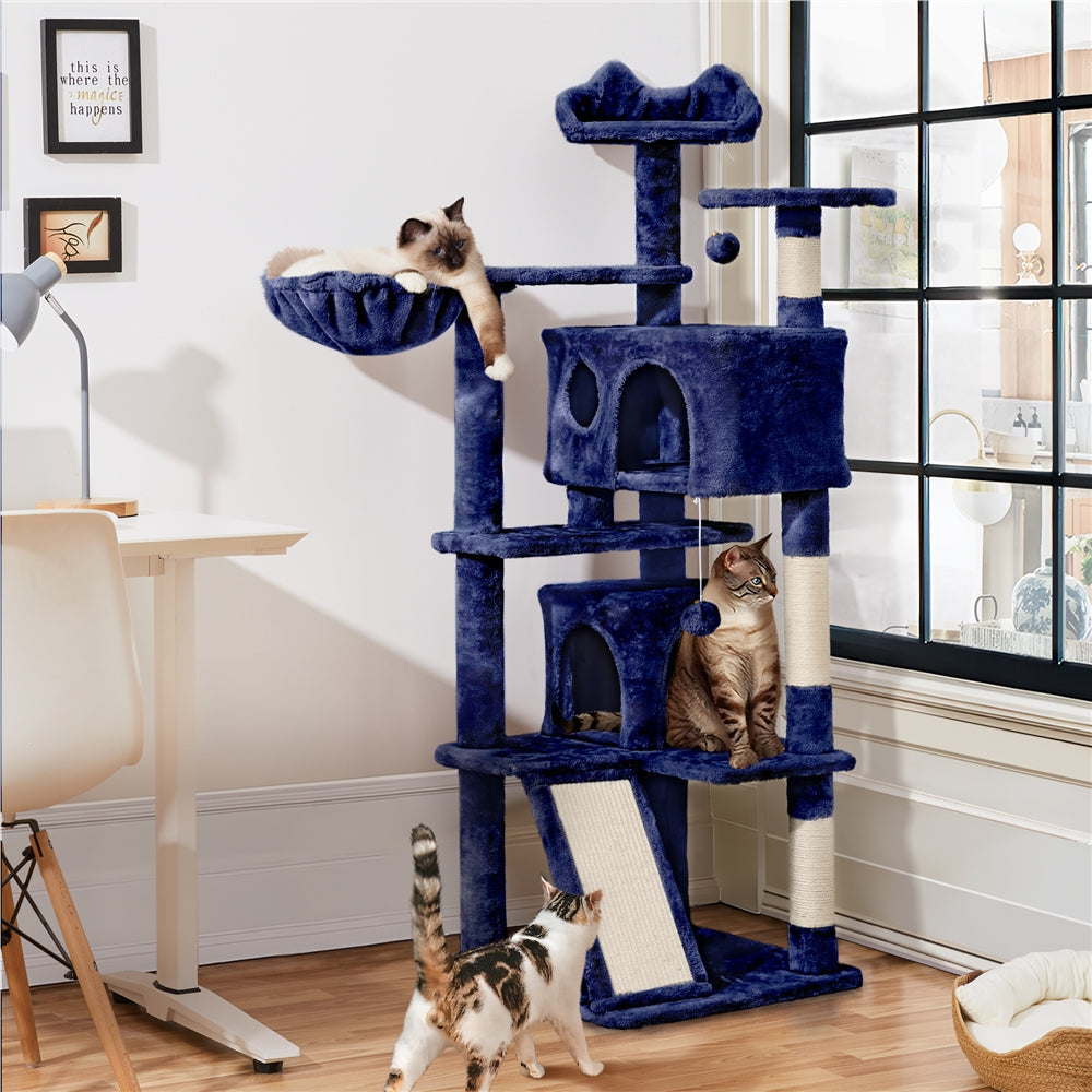 Arbre à chat multiniveaux de 145 cm avec 2 niches – poteaux à griffer en sisal, balle suspendue, plateforme ronde et échelle pour chatons et petits chats d'intérieur, 6 couleurs, cadeau de Noël pour les amoureux des chats