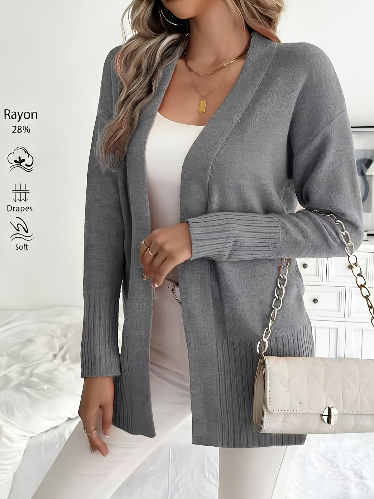 Gilet long femme à col en V et épaules tombantes – Maille douce coupe ample, disponible en 16 coloris pour l'automne et l'hiver, 46 % acrylique, 28 % viscose, 26 % nylon