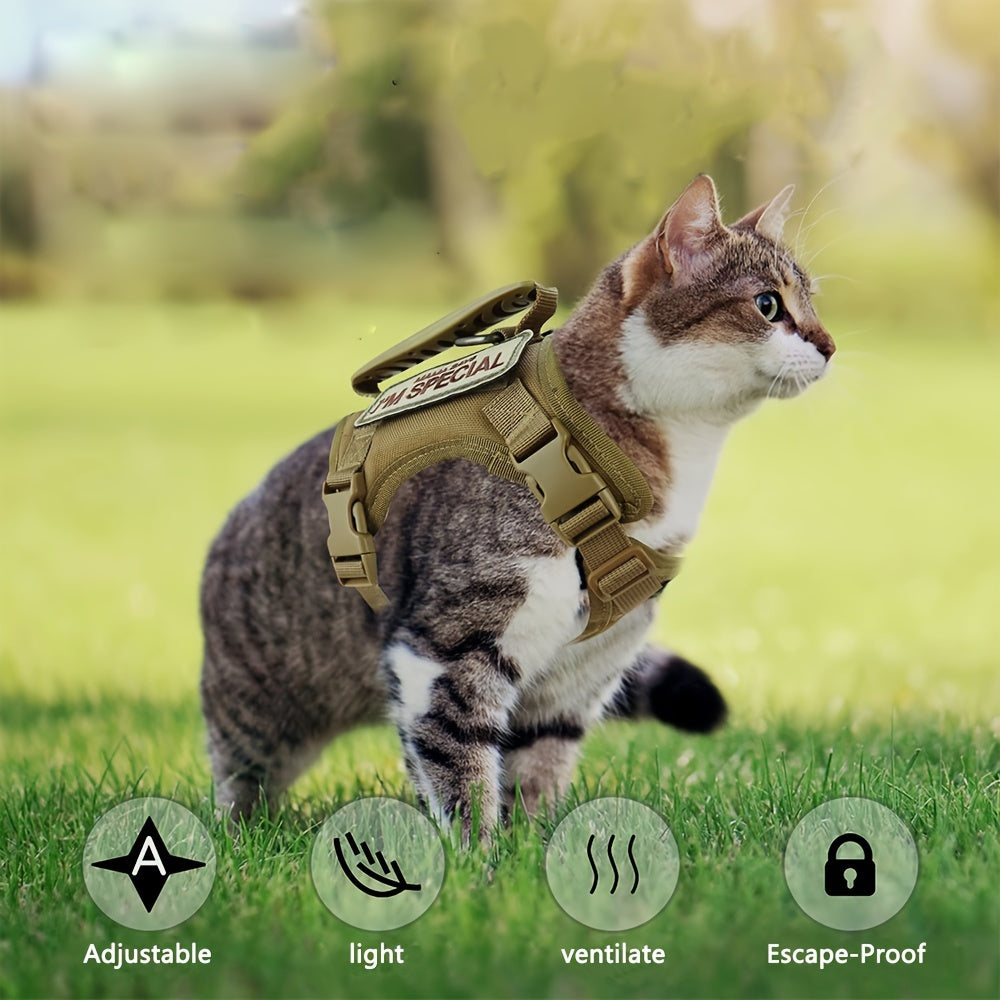Harnais tactique réglable anti-fugue pour chat, gilet en tissu Oxford 600D, sangle de poitrine pour entraînement de chat et petit chien, taille unique universelle
