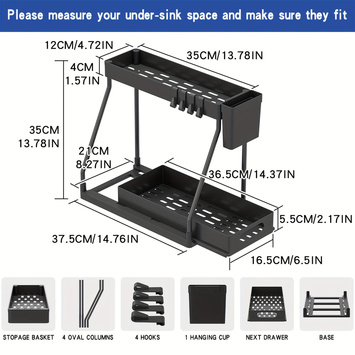 Lot de 2 organisateurs sous évier avec étagères à tiroirs coulissants – Rangement de placard extractible pour salle de bain, cuisine, cellier et meuble-lavabo, cadre en métal durable, organisation gain de place, noir ou blanc