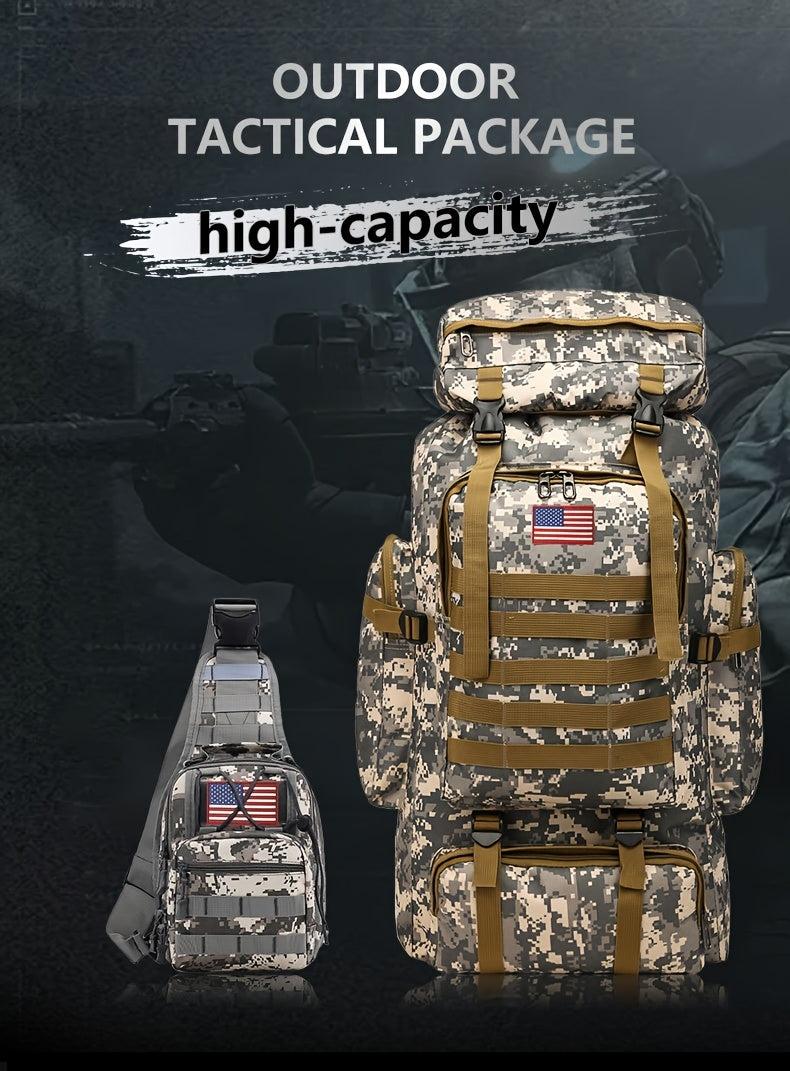 Ensemble tactique 2 pièces : Sac à dos et sac de poitrine - Sac d'assaut 80 L pour 3 jours pour homme, sac à dos militaire en polyester avec système MOLLE pour la randonnée, le camping, la chasse, les voyages et les sports de plein air