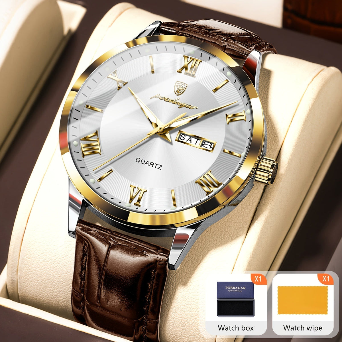 Montre à quartz pour homme POEDAGAR, étanche, cadran lumineux, affichage du calendrier et de la semaine – Montre-bracelet analogique de sport décontracté, boîtier en alliage, 11 couleurs argent, or, noir, bleu, cadeau pour homme