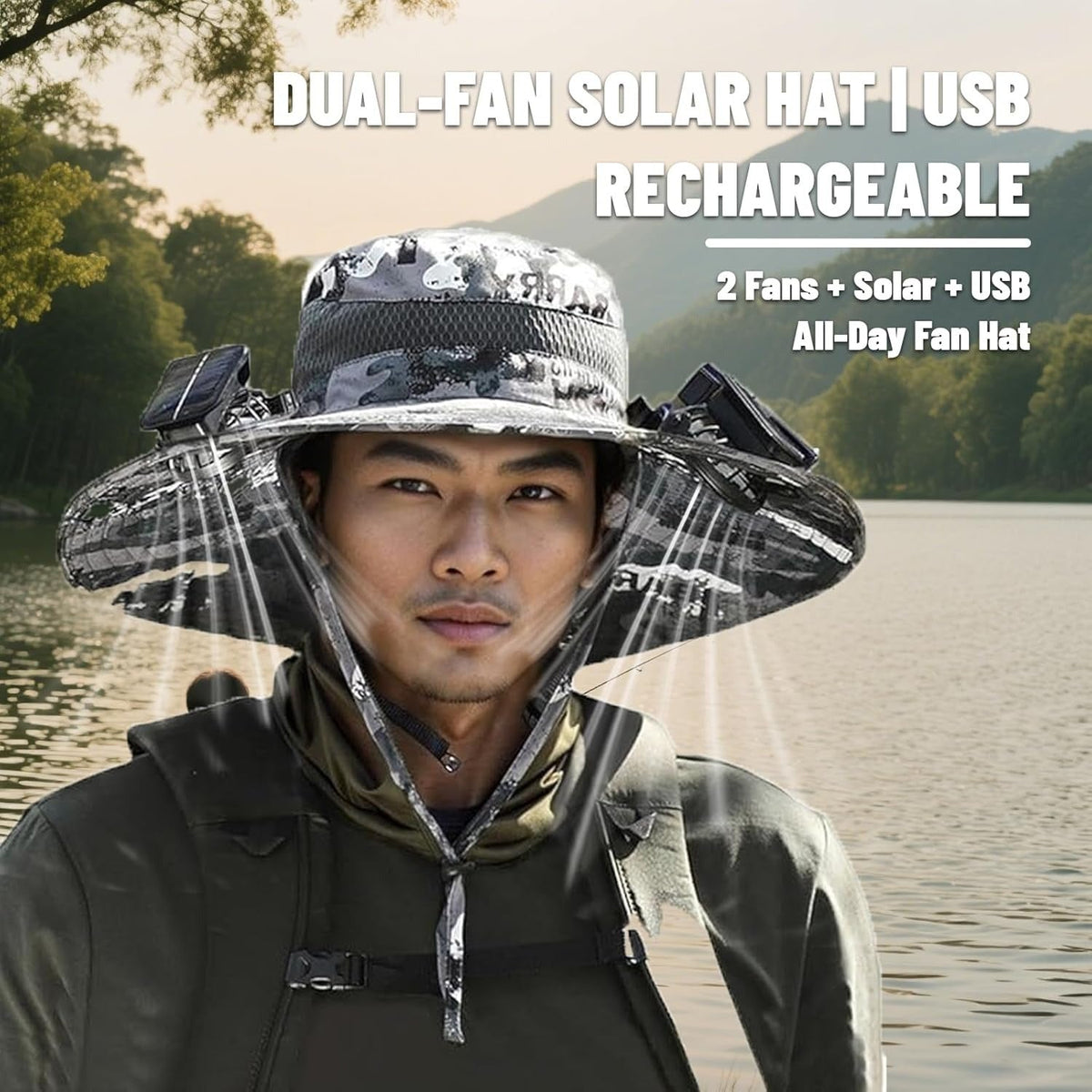 Chapeau de soleil avec ventilateur solaire pour hommes – Large bord anti-UV, ventilateur solaire intégré, taille unique – Idéal pour la pêche, la randonnée, la plage et les activités de plein air
