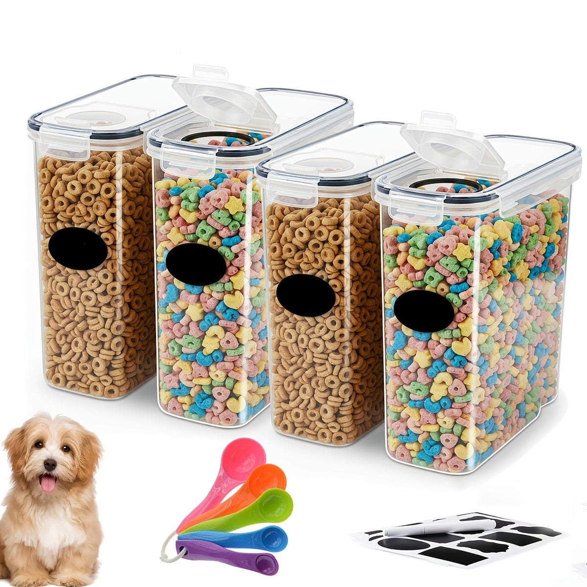 Lot de 4 boîtes de conservation hermétiques pour aliments avec cuillères colorées - Récipients en plastique sans BPA pour nourriture pour chien, chat, friandises, céréales, riz, graines et nourriture pour oiseaux - Set d'organisation de cuisine