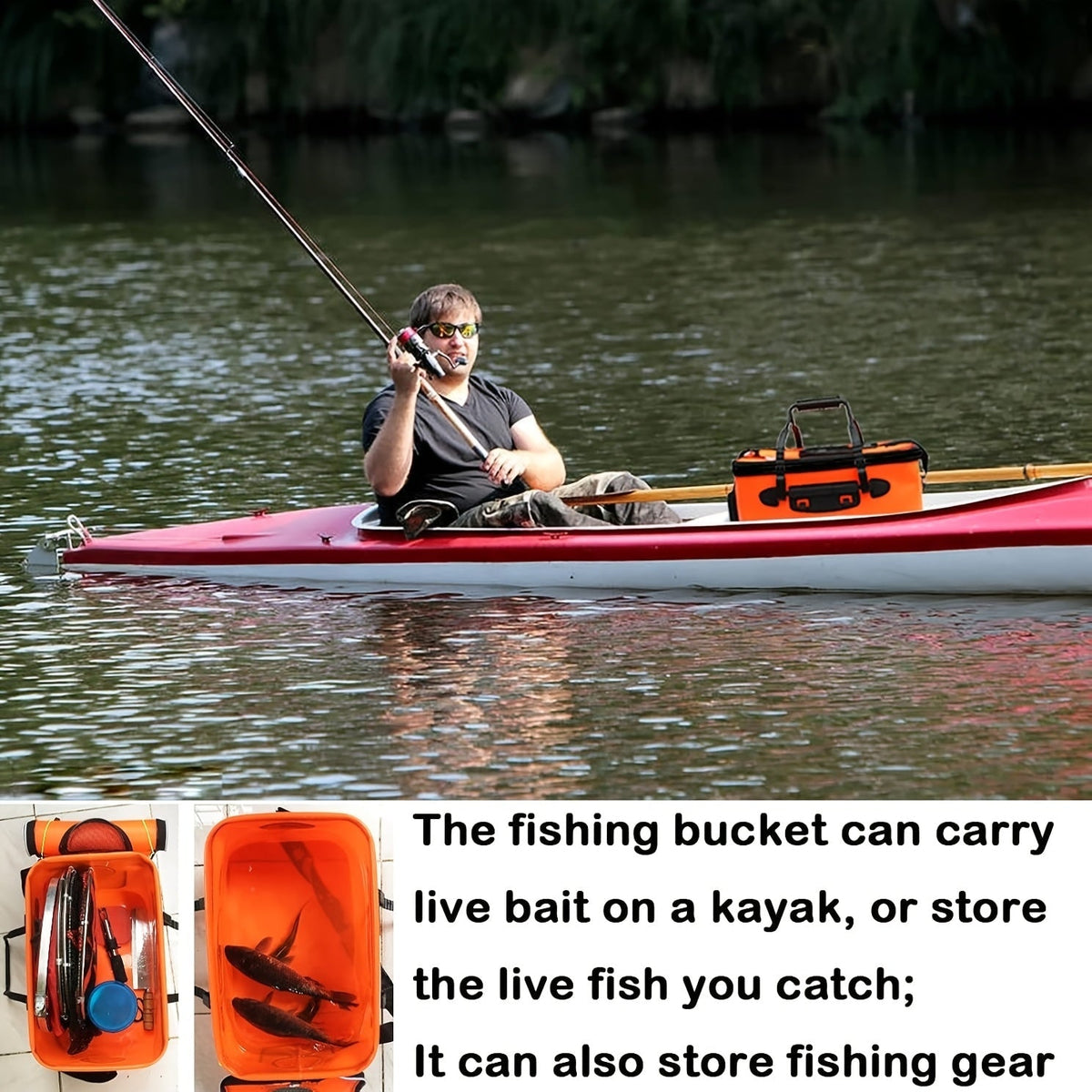 Seau de pêche pliable de 25 L – Conteneur à appâts vivants en EVA, sac de conservation de poissons multifonctionnel et portable pour la pêche à la carpe et en eau douce, cadeau pour homme (bleu/orange)