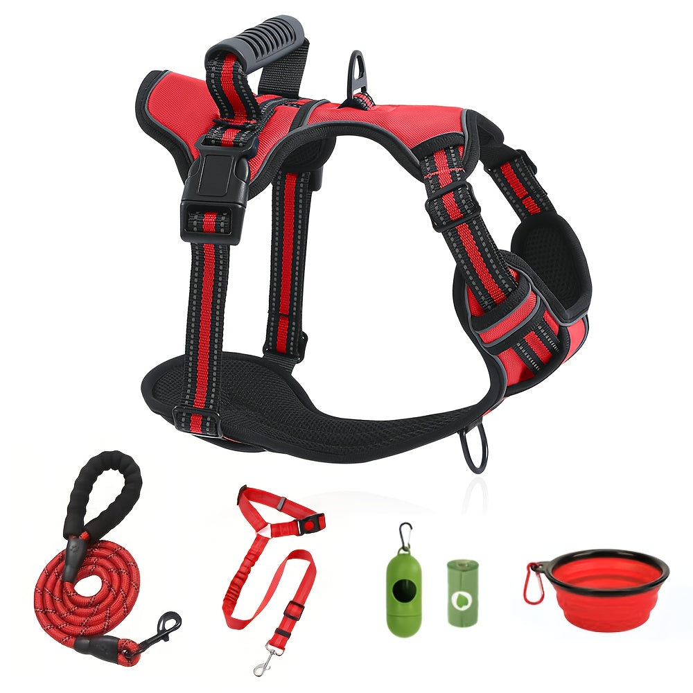Ensemble harnais anti-traction et laisse 6-en-1 pour chien – Gilet réfléchissant en tissu Oxford sans étranglement avec double attache de laisse et poignée de contrôle facile pour chiens petits, moyens et grands, 5 couleurs, du XS au XL