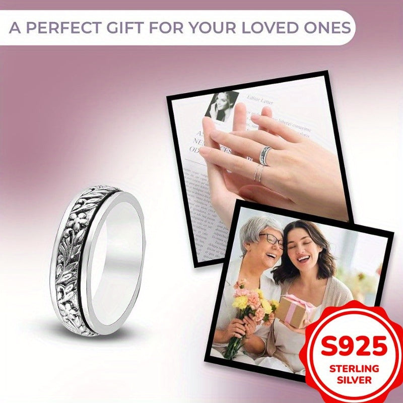 Bague large pour femme en argent sterling 925, motif vintage de feuilles et fleurs sculptées – Anneau élégant style bohème inspiré de la nature, bijou en argent hypoallergénique, tailles 6 à 10, idéal pour le quotidien, les vacances ou comme cadeau d'été