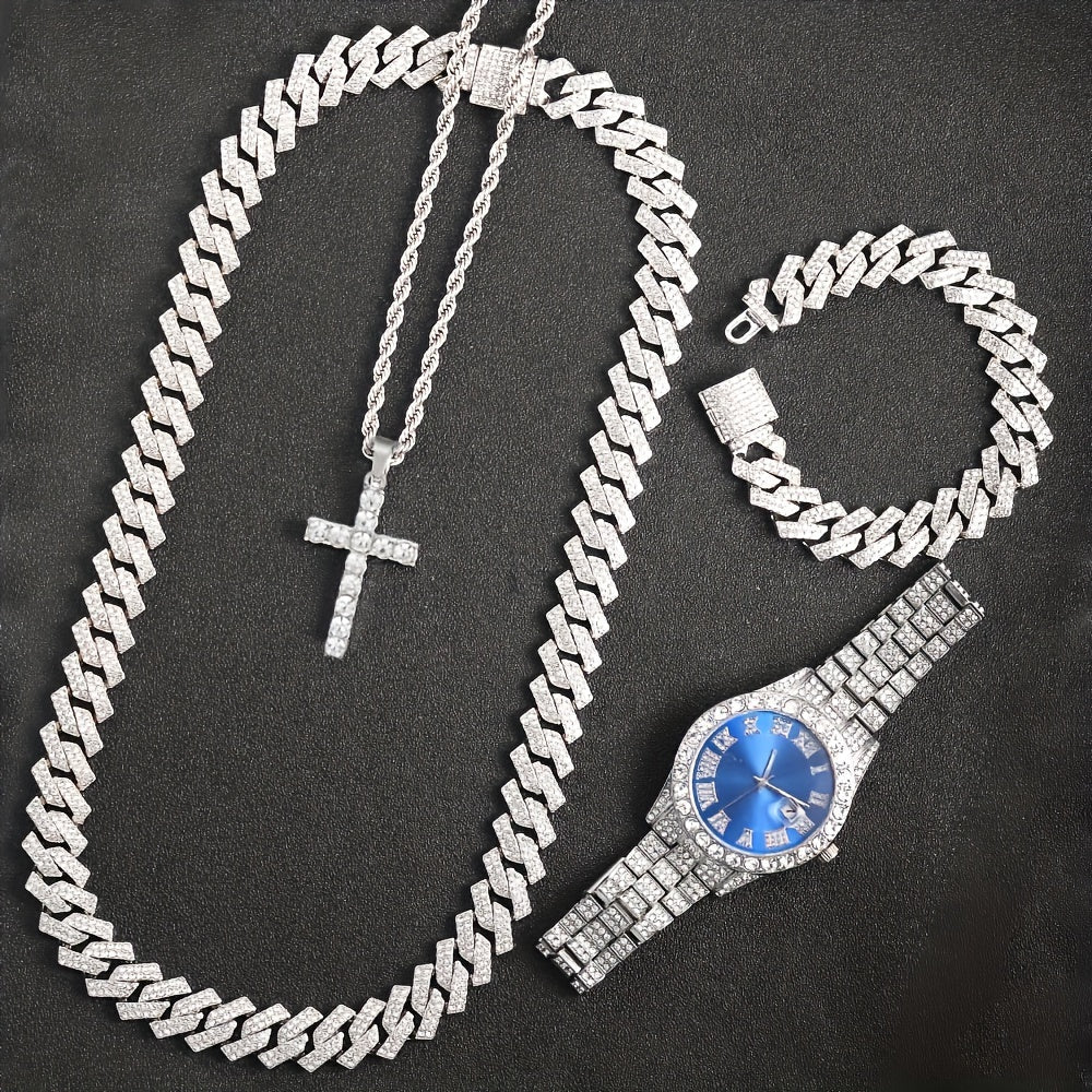Parure de bijoux 4 pièces avec montre strass et pendentif croix, montre-bracelet analogique à quartz, collier, bracelet et boucles d'oreilles, cadeau unisexe pour lui ou elle, mariage