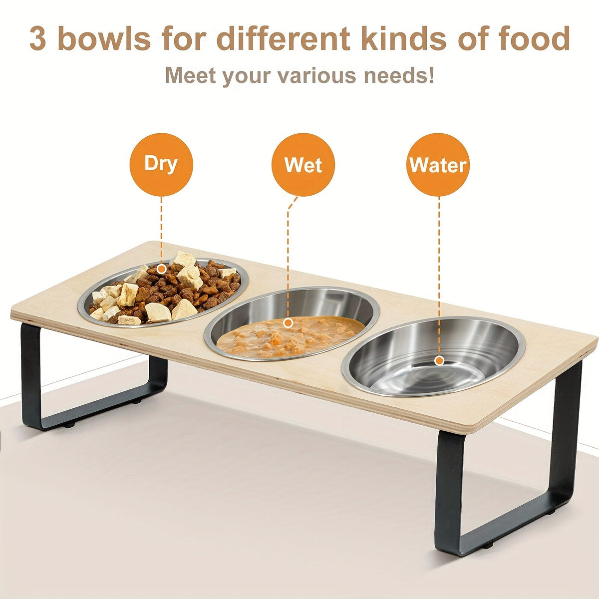 Gamelles surélevées pour chat avec 3 bols en acier inoxydable - Support incliné à 15° anti-vomissements pour chats et petits chiens, ensemble de bols ergonomiques adaptés aux moustaches, accessoire de repas moderne pour animaux