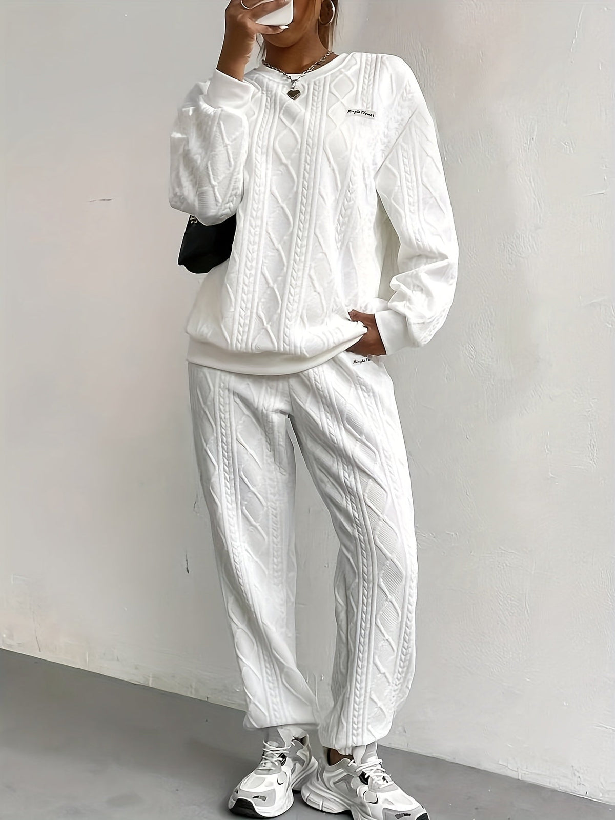 Ensemble survêtement 2 pièces pour femme – Haut à manches longues et col rond en jacquard texturé et pantalon de jogging, tenue de détente décontractée et respirante pour le printemps et l'été S-XXL