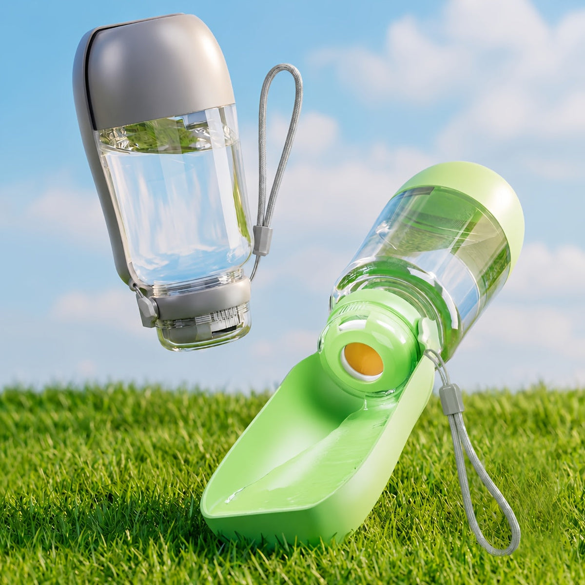 Gourde de voyage 2-en-1 pour chien avec dragonne – Compartiments de 520 ml pour l'eau et 150 g pour la nourriture, distributeur étanche avec gamelle pliable pour randonnée et voyage, 4 couleurs