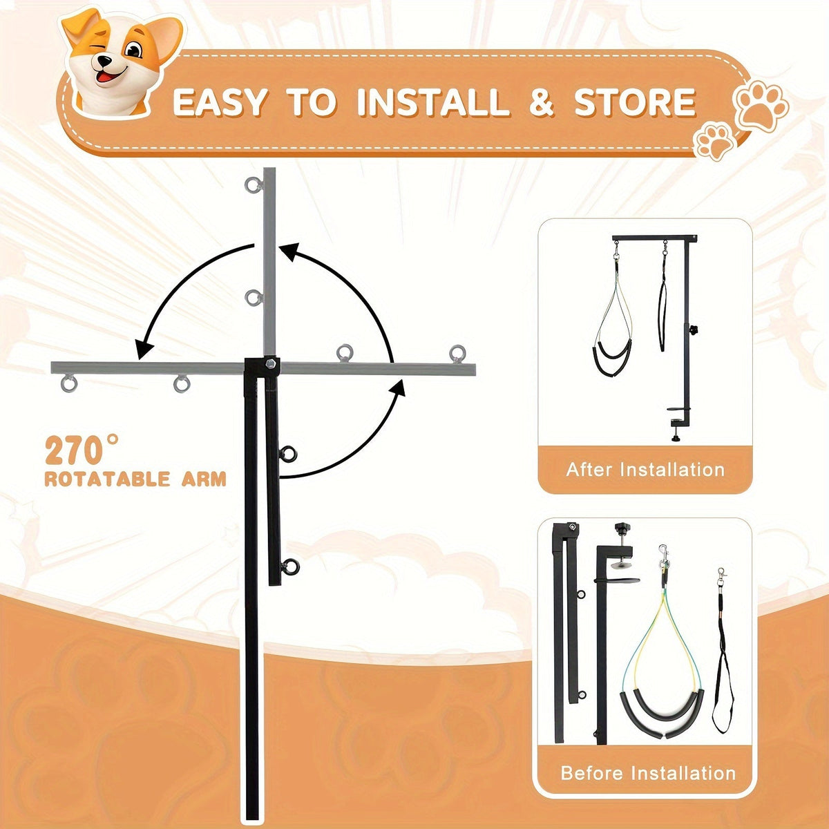 Bras de toilettage réglable et pliable avec pince pour table – Support de hanche et boucle 2-en-1 pour table de toilettage, hauteur 20-33 pouces (50-84 cm), bras de contention portable pour petits chiens et chiots, table non incluse