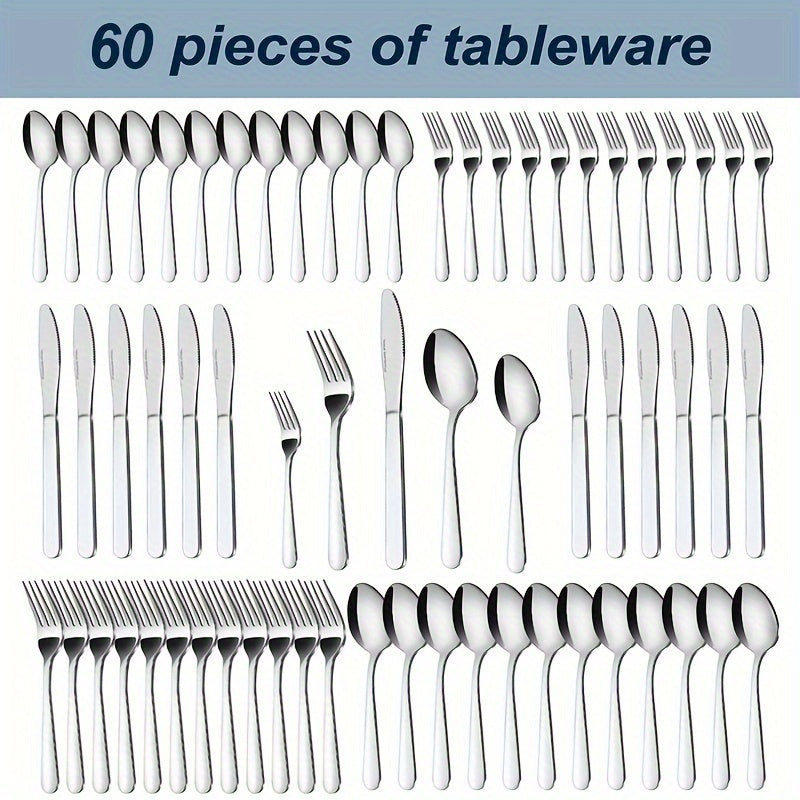 Ensemble de couverts en acier inoxydable 60/90 pièces – Argenterie pour 12 à 18 personnes avec coffret cadeau, couteaux à steak, fourchettes à salade, cuillères à dessert, lavable au lave-vaisselle, pour la maison, mariage, camping, fête, Halloween